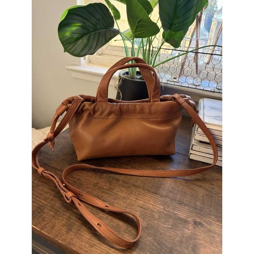 MADEWELL The Piazza Mini Caramel Genuine Leather Crossbody Bag Drawstring